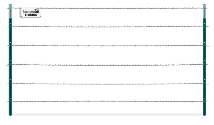 Barbed wire T-post fence with H-brace for farms in the Charlotte Metro Area area.